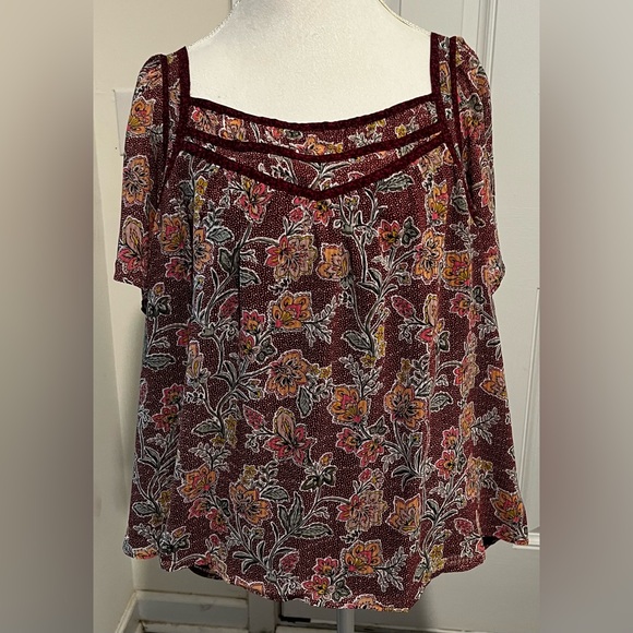 Loft Burgundy Paisley Floral Flutter Sleeve Blouse Square Neck Size XXL - Picture 2 of 12